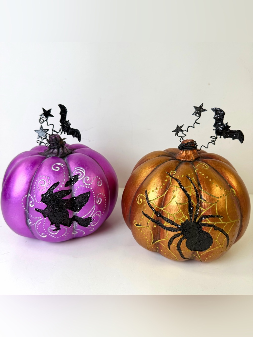 Halloween Decorative Pumpkins Set of 2 Witch Spider Resin Tabletop Decor 6”